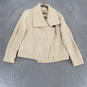 Carraig Donn‎ Aran Cardigan Sweater Womens Medium Ivory Merino Wool Made Ireland